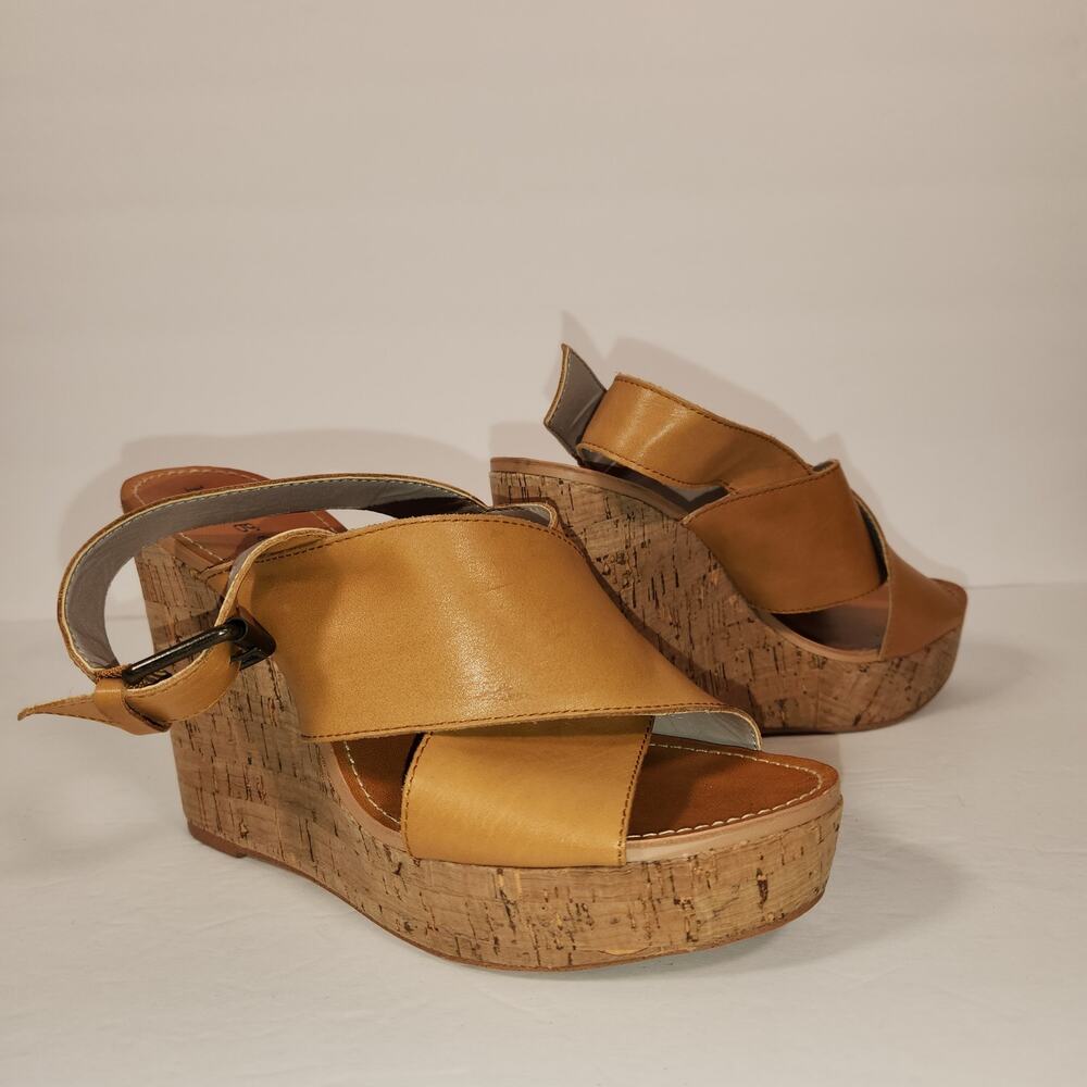 HINGE Platform Sandal Womens 7.5M‎ Tan Brown Leather Cork Boho Bohemian Hippie